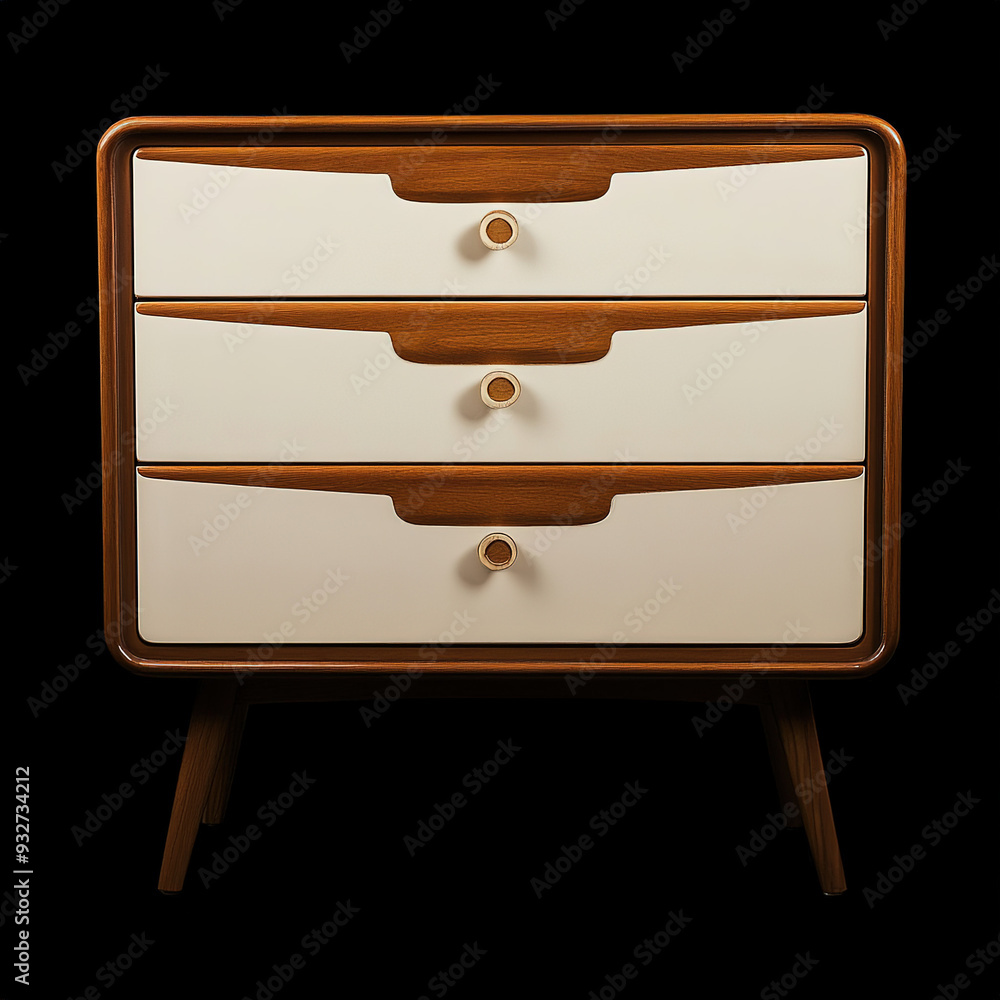 Classic Retro Three-Drawer Chest in White and Brown Color Combination, Displayed on a Black Isolated Background, High Resolution.