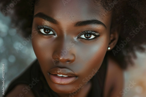 Close-up portrait of a girl showcasing detailed makeup, featuring eyeliner, eye shadow, lipstick, and mascara. Focus on eyes, lips, and skin. Dominant colors are black, brown, and grey.