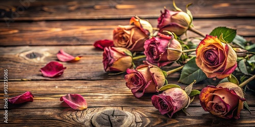 Fototapeta Naklejka Na Ścianę i Meble -  Wilted roses on rustic wooden background with space for text