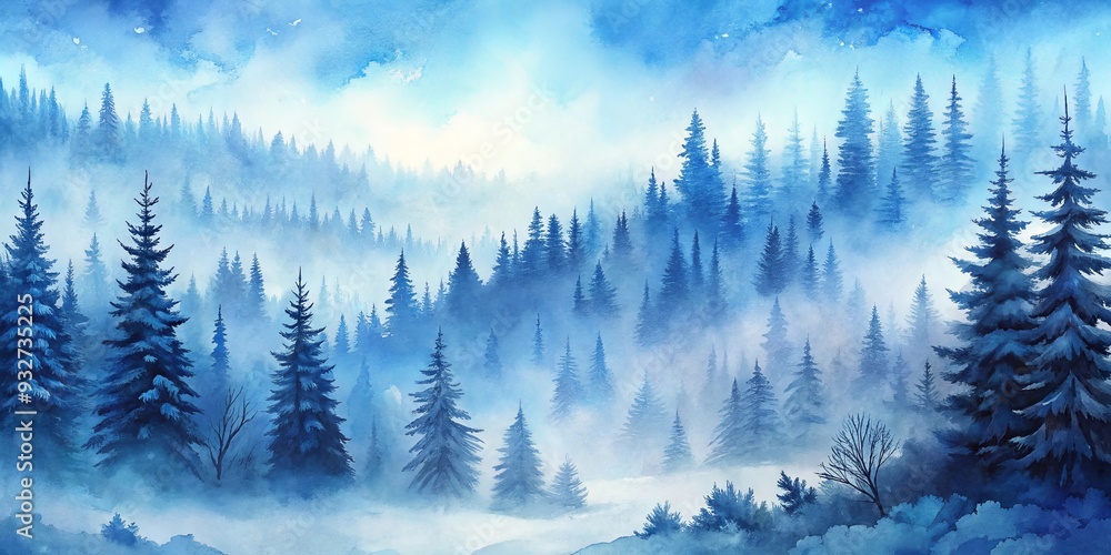 Fototapeta premium Frosty winter scene of a misty forest hill in shades of blue watercolor