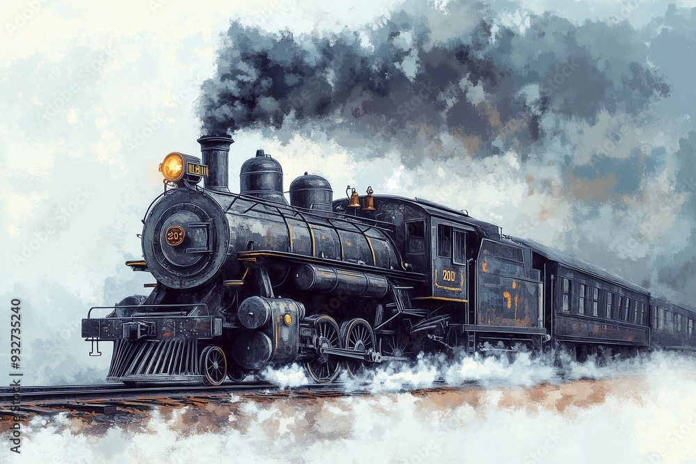 Obraz premium Vintage steam engine locomotive train on railroad