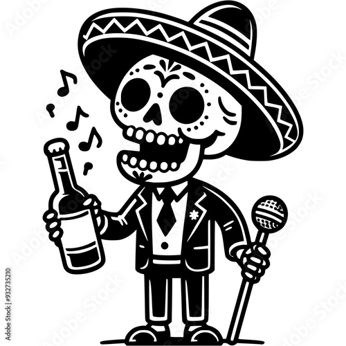 Cheerful street singer with a bottle of Tequila in his hand sings a song in monochrome. Simple minimalistic vector in black ink drawing on transparent background