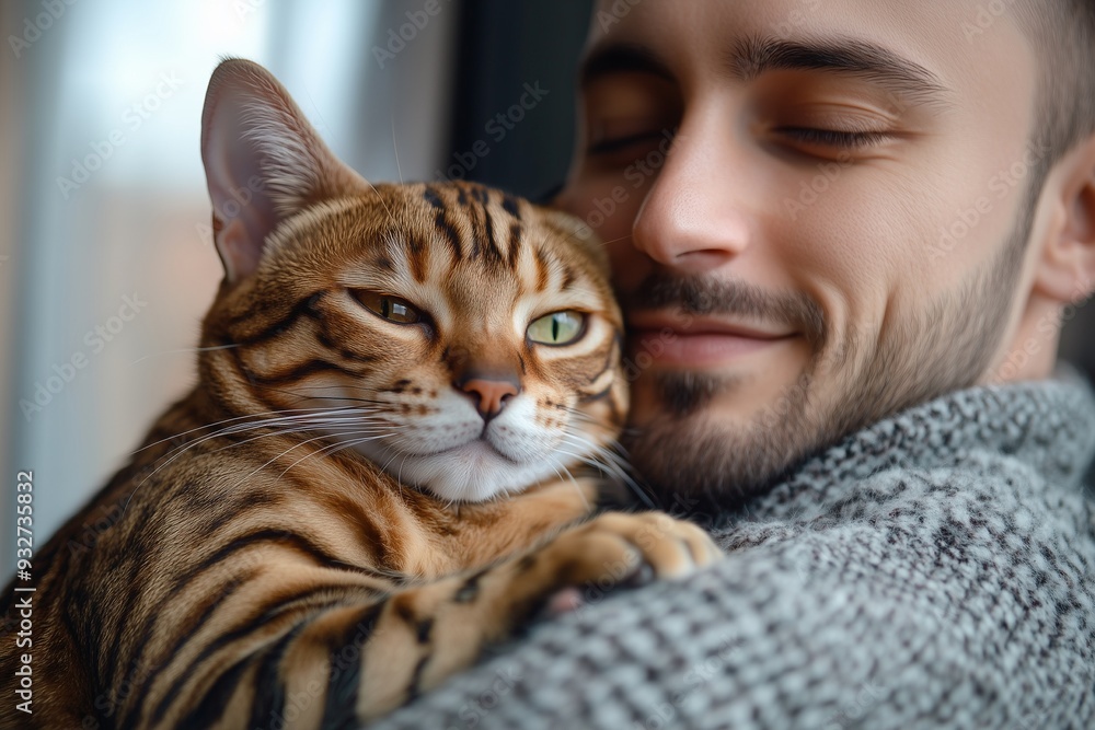 Young attractive man cuddling his bengal cat while working from home Young attractive man cuddling his bengal cat while working from home
