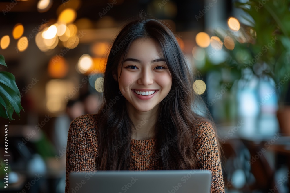 Happy young asian woman working remotely on laptop in a cafe Happy young asian woman working remotely on laptop in a cafe