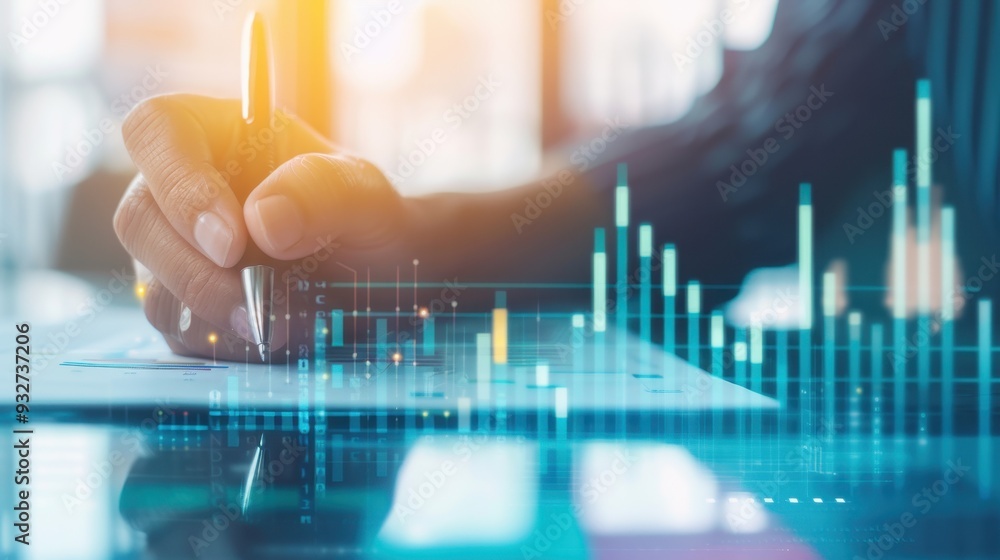 Businessman evaluating sustainable growth, analyzing revenue and profit increases, using digital graphics for financial insights, focused on strategic decision-making and asset management Businessman evaluating sustainable growth, analyzing revenue and profit increases, using digital graphics for financial insights, focused on strategic decision-making and asset management