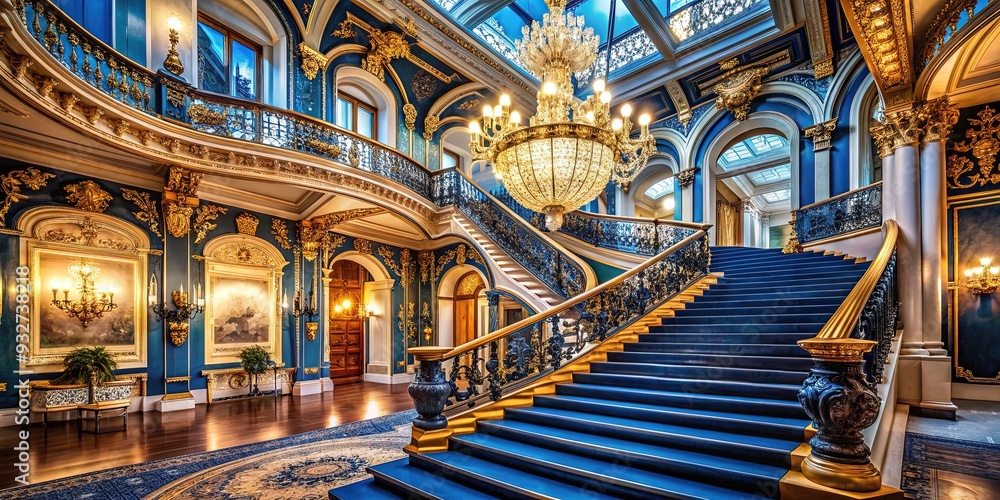 Fototapeta premium Majestic mansions soar high, grand staircases spiral upward, lavish chandeliers refracting light, and regal palettes of deep blues and golds unfold in opulent splendor.