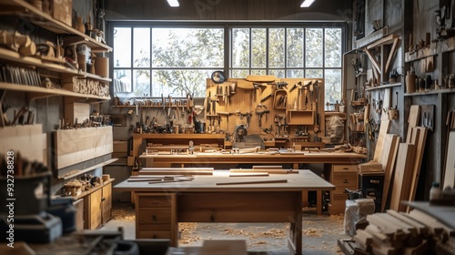 A woodworking workshop with tools neatly arranged on a pegboard, a wooden workbench in the center, and various projects in progress. Sawdust is scattered on the floor, and the smell of fresh wood fill photo