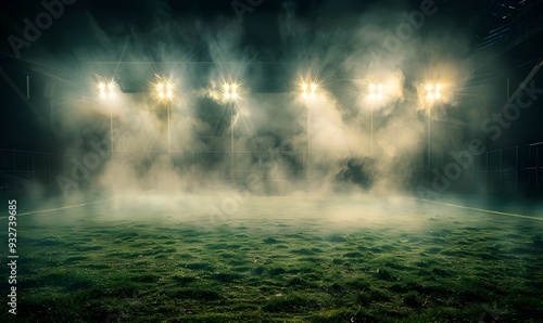 Epic Sports Photography Backdrop with Dramatic Stadium Lights Illuminating Misty Field