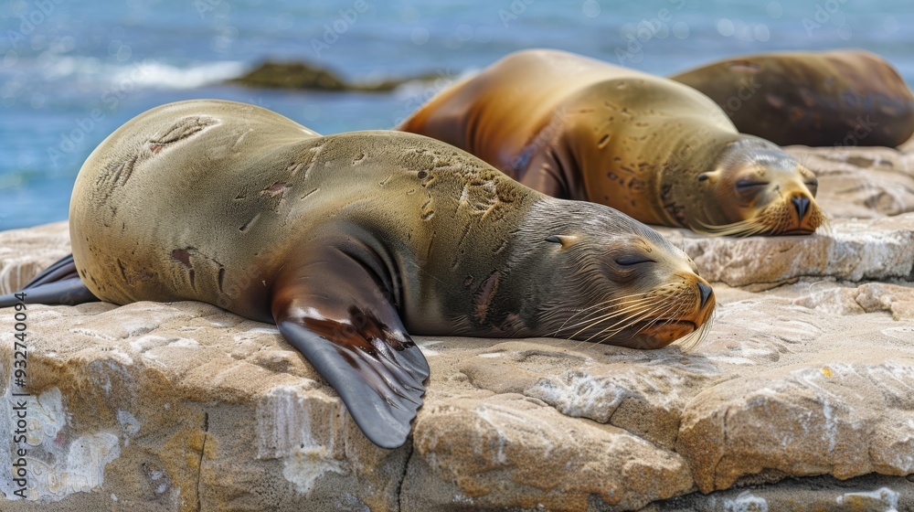 Fototapeta premium Sea lions with sleek, shiny fur resting on sunlit rocks with a serene ocean horizon in the background.
