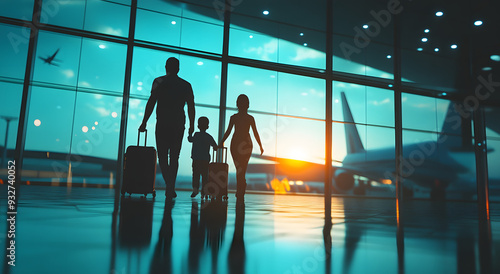 "Silhouette of a Happy Family Walking in an Airport with Luggage"