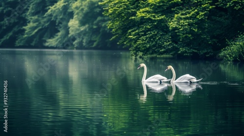 Fototapeta Naklejka Na Ścianę i Meble -  Serene lake with a pair of swans gracefully gliding across the water, surrounded by lush green foliage and reflections on the calm surface.
