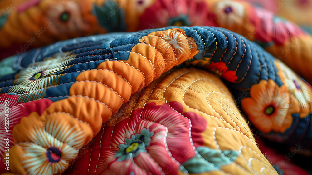 Obraz premium Closeup of Quilted Fabric with Floral Pattern - Illustration
