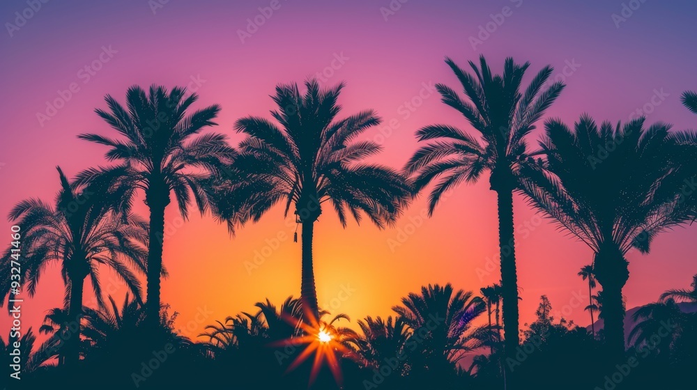 Silhouetted palm trees during sunset with orange and purple hues Silhouetted palm trees during sunset with orange and purple hues
