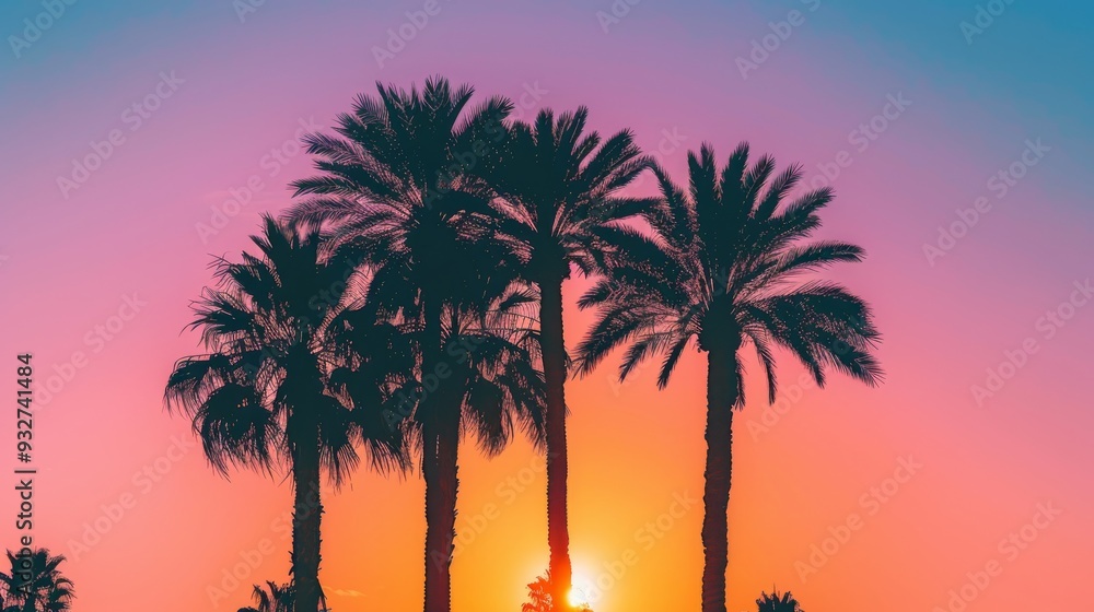 Silhouetted palm trees during sunset with orange and purple hues Silhouetted palm trees during sunset with orange and purple hues