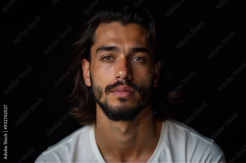 Close-up portrait of a handsome young man with long dark hair and green eyes, suitable for lifestyle, fashion, or personal branding with copy space. Close-up portrait of a handsome young man with long dark hair and green eyes, suitable for lifestyle, fashion, or personal branding with copy space.
