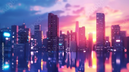 Sleek urban skyline with a futuristic design, featuring high-tech buildings and a striking silhouette against a twilight sky.