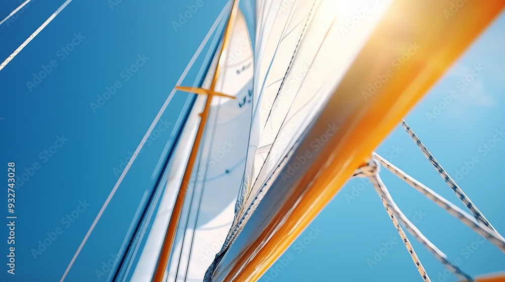 Fototapeta premium Sailboat sail against a bright blue sky.