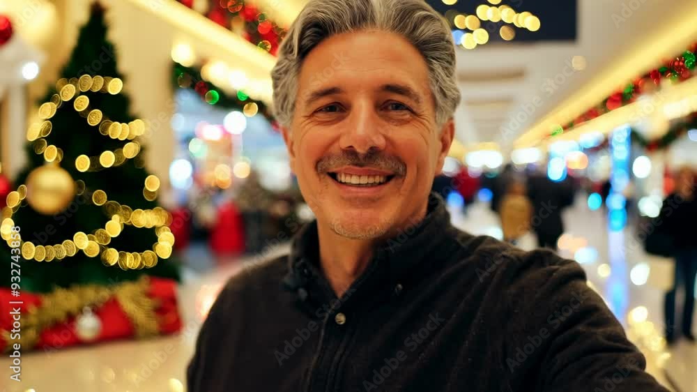 A middle aged man during Christmas sales in a large mall decorated with Christmas decorations. The man enjoys a moment of peace in the crowded mall, admiring a beautiful display of holiday lights. A middle aged man during Christmas sales in a large mall decorated with Christmas decorations. The man enjoys a moment of peace in the crowded mall, admiring a beautiful display of holiday lights.