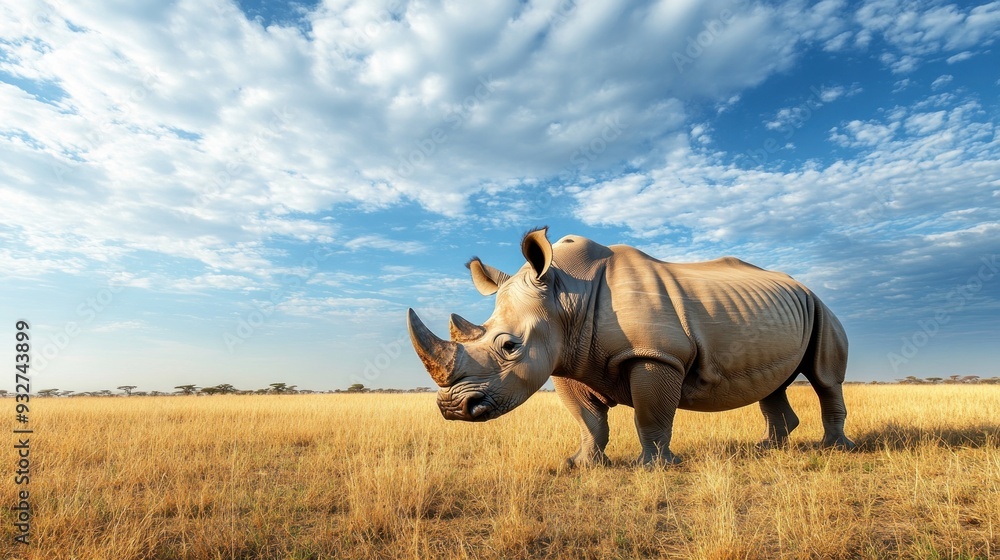 Fototapeta premium A white rhinoceros or the Latin name Ceratotherium simum animal is threatened with extinction background wallpaper AI generated image