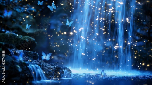 A waterfall with a blue light and butterflies flying around it