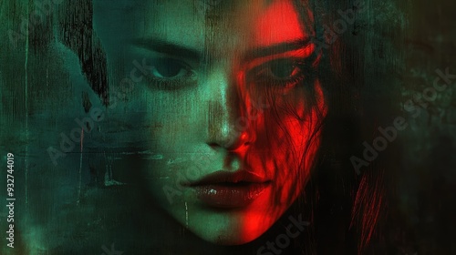 A woman with intense gaze illuminated by vibrant red and green lighting highlights her mysterious expression in an artistic representation