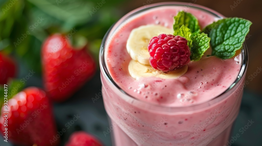 Strawberry banana smoothie with fresh berries and mint garnish Strawberry banana smoothie with fresh berries and mint garnish