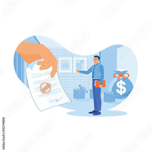Businessman borrows money from banks. Businessman standing with signed documents. Approved Loan concept. Flat vector illustration.