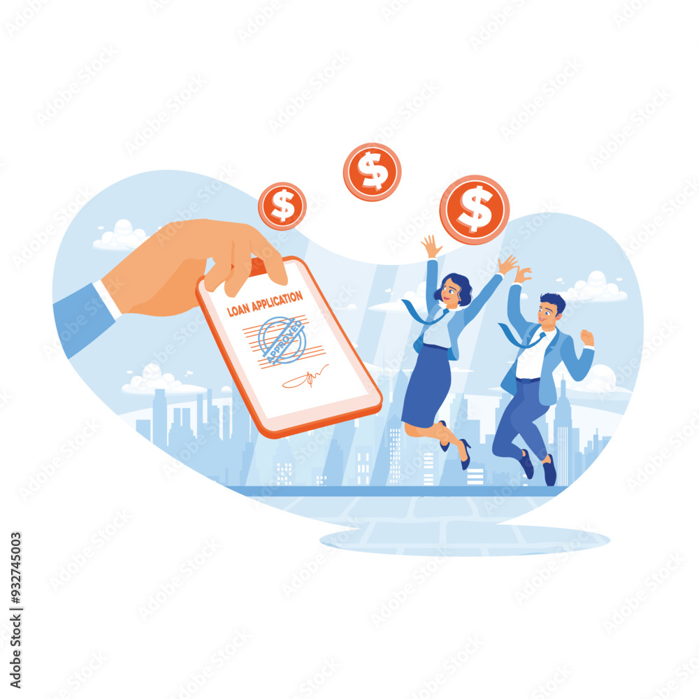 Hand holding agreement document. Happy person after loan application approved by the bank. Approved Loan concept. Flat vector illustration. Hand holding agreement document. Happy person after loan application approved by the bank. Approved Loan concept. Flat vector illustration.