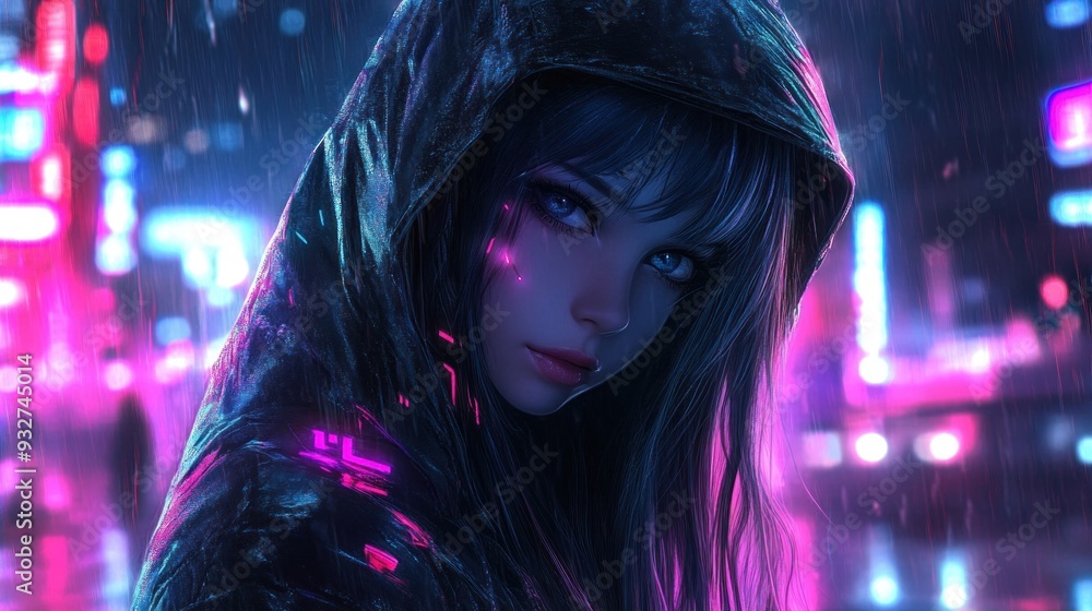 Anime girl red eye character gothic with long black hair wearing a hood mysterious in a modern cyberpunk style background wallpaper AI generated image Anime girl red eye character gothic with long black hair wearing a hood mysterious in a modern cyberpunk style background wallpaper AI generated image