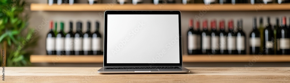 A modern laptop on a wooden table in front of a wine shelf, ideal for presentations or lifestyle projects. A modern laptop on a wooden table in front of a wine shelf, ideal for presentations or lifestyle projects.