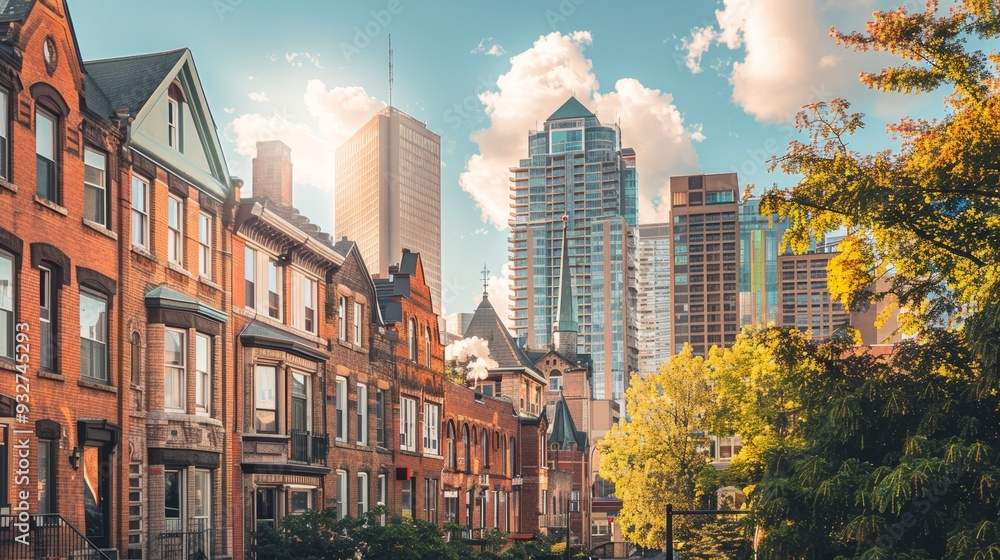 Obraz premium Stylish city skyline with a mix of historic and modern architecture, showcasing a blend of old and new under a clear, sunny sky.