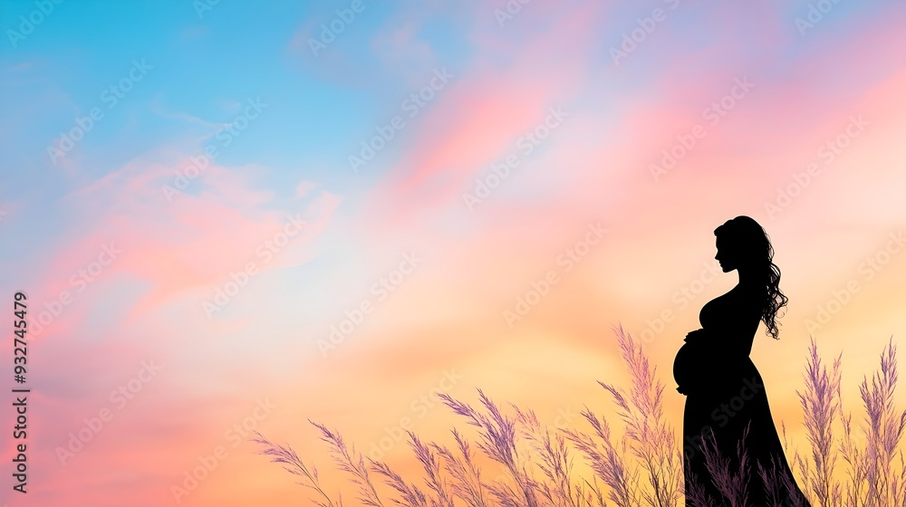 Ethereal Silhouette of Pregnant Woman in Warm Pastoral Landscape Ethereal Silhouette of Pregnant Woman in Warm Pastoral Landscape