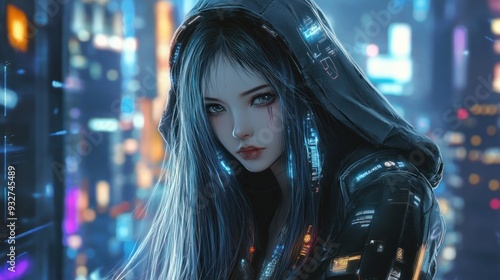 Anime girl cyborg character with long white hair wearing a hood in a modern cyberpunk style background wallpaper AI generated image photo