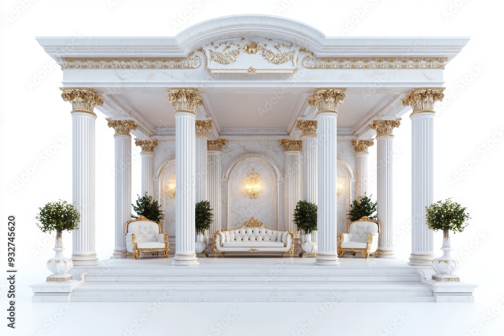 Fototapeta premium Grand palace veranda with marble columns, luxurious seating, and classical decor