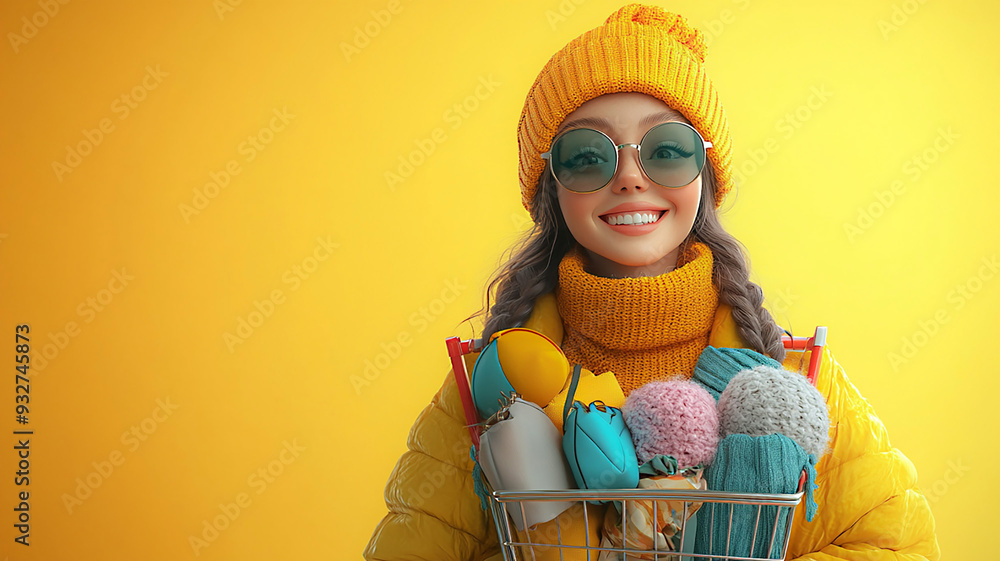 A cheerful young woman with a shopping cart full of fashion items, floating in a vibrant 3D cartoon style against a bright yellow background. A cheerful young woman with a shopping cart full of fashion items, floating in a vibrant 3D cartoon style against a bright yellow background.