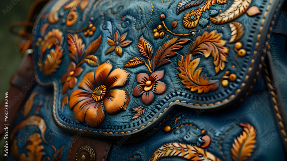 Embossed Floral Leather Design - Blue & Orange - Illustration Embossed Floral Leather Design - Blue & Orange - Illustration
