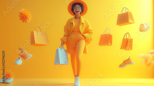 An excited young woman holding a fashion bag, with shoes, hats, and shopping bags floating around her in a 3D cartoon style on a yellow background. photo