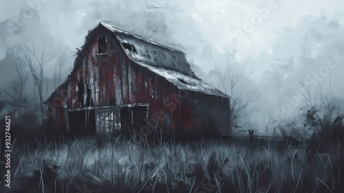 A weathered, wooden barn stands alone in a field, shrouded in mist, hinting at secrets and forgotten stories.