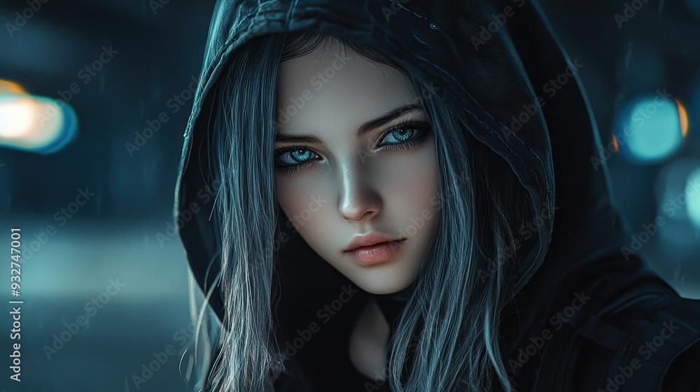Anime young face girl character gothic with long hair wearing a hood mysterious in a modern cyberpunk style background wallpaper AI generated image Anime young face girl character gothic with long hair wearing a hood mysterious in a modern cyberpunk style background wallpaper AI generated image