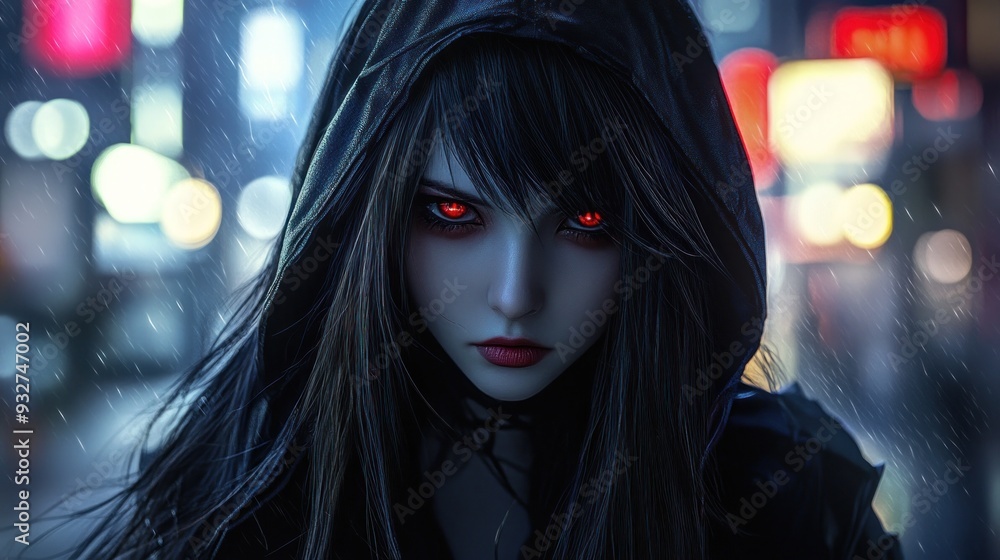 Anime girl red eye character gothic with long black hair wearing a hood mysterious in a modern cyberpunk style background wallpaper AI generated image Anime girl red eye character gothic with long black hair wearing a hood mysterious in a modern cyberpunk style background wallpaper AI generated image