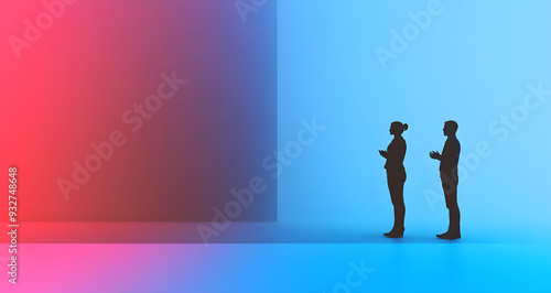 "Two People Standing Opposite Each Other with a Wall Separating Them, Highlighting Communication Barriers and Social Distances in a Minimalist Setting"