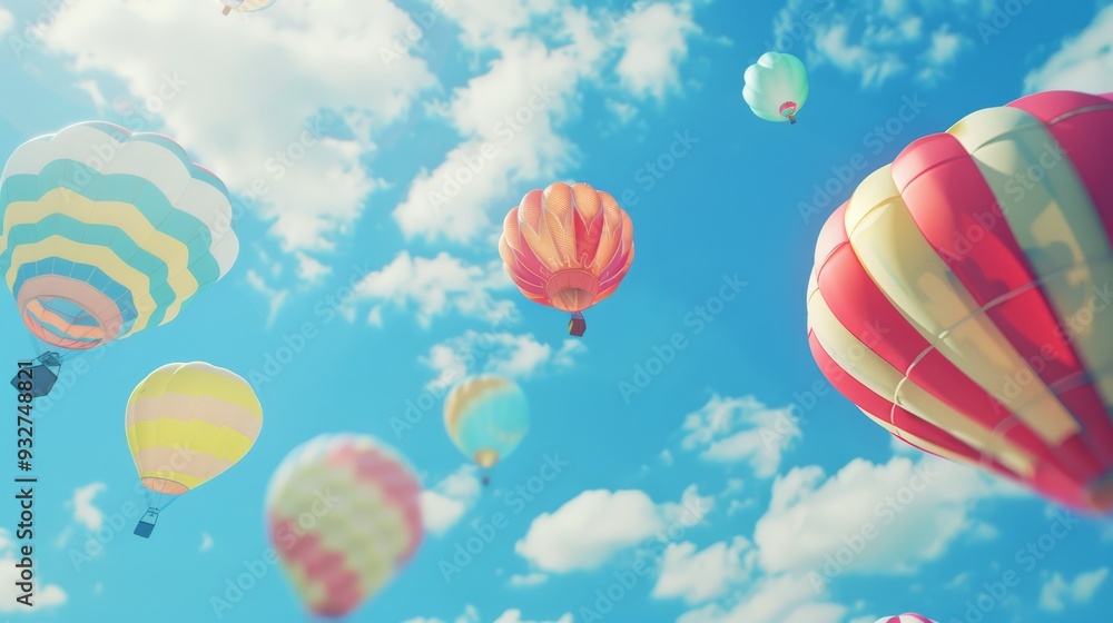 Fototapeta premium Vibrant air balloons floating against a clear blue sky with fluffy white clouds creating a colorful and dreamy background for various uses.