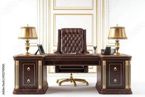 Lavish office featuring mahogany furniture and golden details, exuding a royal ambiance with intricate detailing