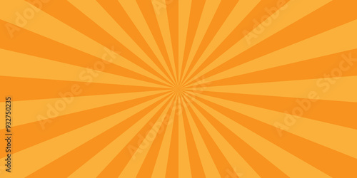 Minimal sunrise radiate striped geometric circus light orange sunburst ray vector backdrop texture background. orange and red retro poster shine spiral template design.