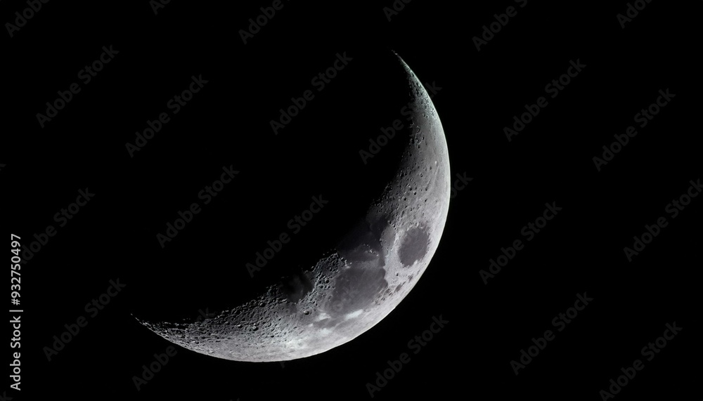 Detailed Crescent Moon in the night sky. Crescent Moon on black background with space for Ramadan theme. Detailed Crescent Moon in the night sky. Crescent Moon on black background with space for Ramadan theme.