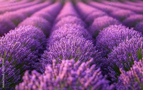 Close-up of blooming lavender fields with soft purple hues and detailed textures, evoking calm and serenity