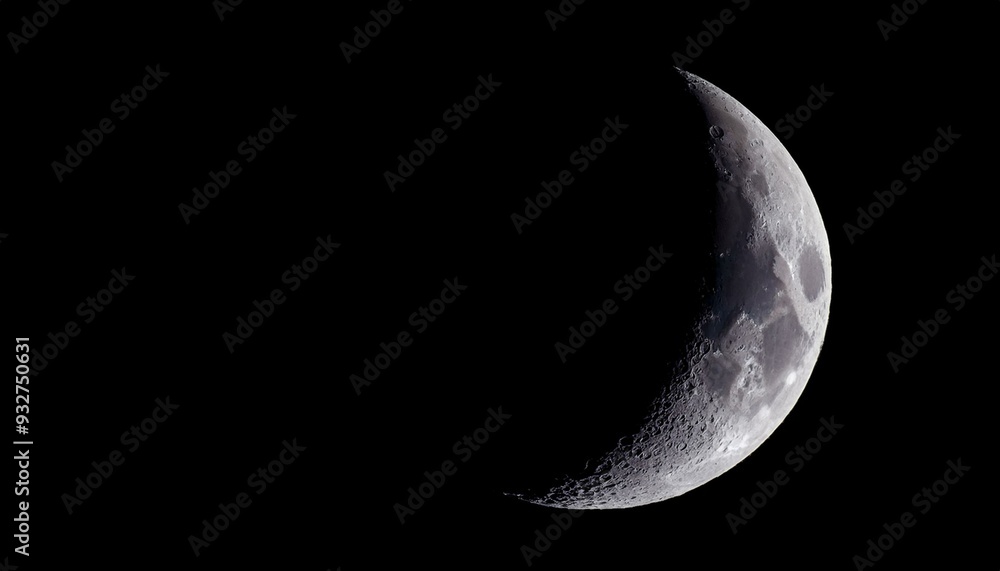Detailed Crescent Moon in the night sky. Crescent Moon on black background with space for Ramadan theme. Detailed Crescent Moon in the night sky. Crescent Moon on black background with space for Ramadan theme.