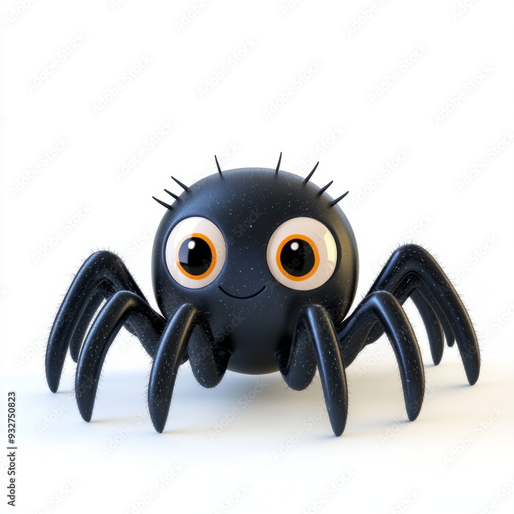 3D cartoon illustration of a cute black spider on a white background 3D cartoon illustration of a cute black spider on a white background