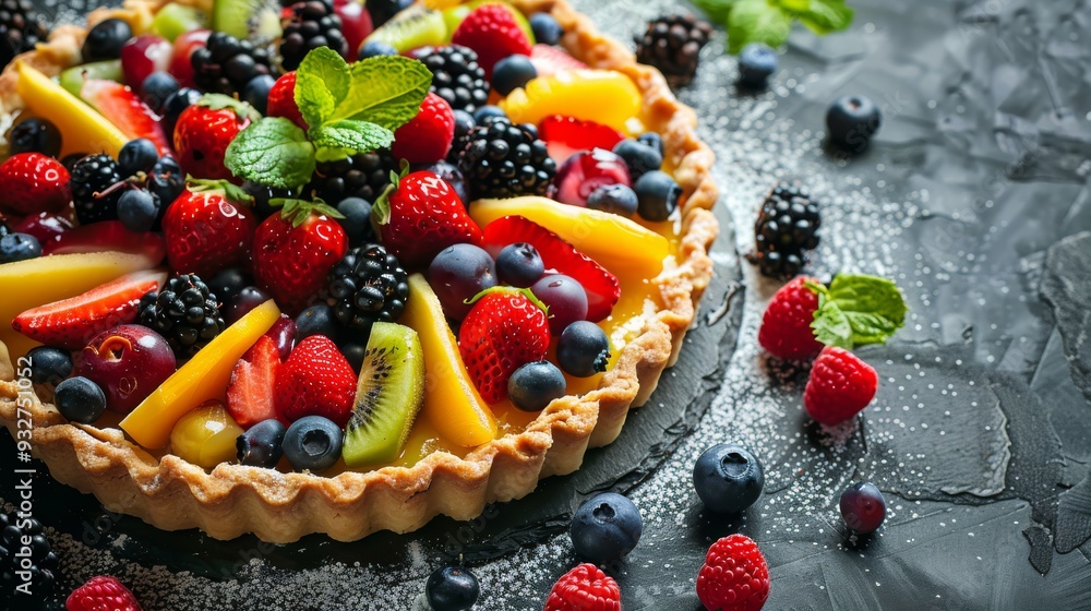 Vibrant round tart with mixed fruits on a rustic surface Vibrant round tart with mixed fruits on a rustic surface