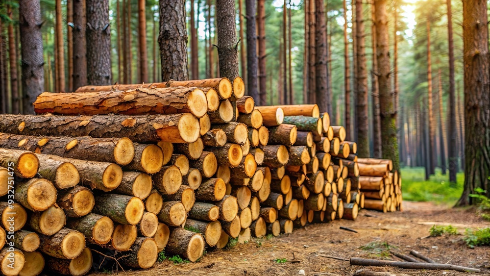 Wood logs stacked in a pine forest Wood logs stacked in a pine forest